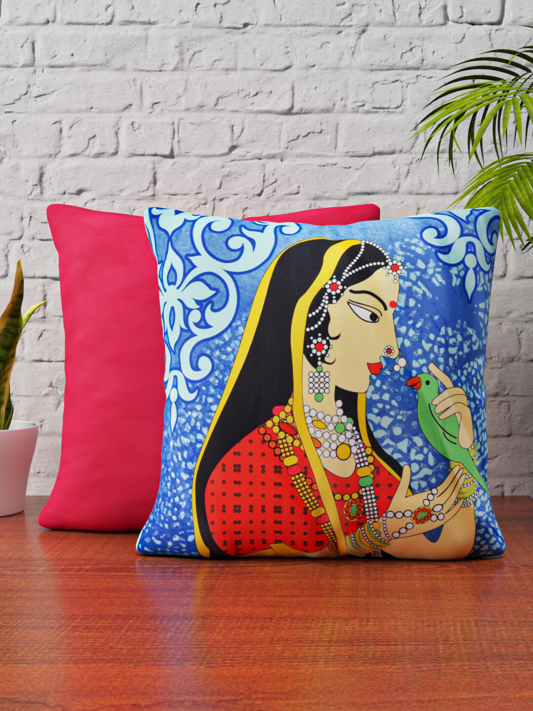 HAPPY HUES Rani Blue Ethnic Motifs Velvet HD Digital 2 Pcs Square Cushion Covers -16x16In