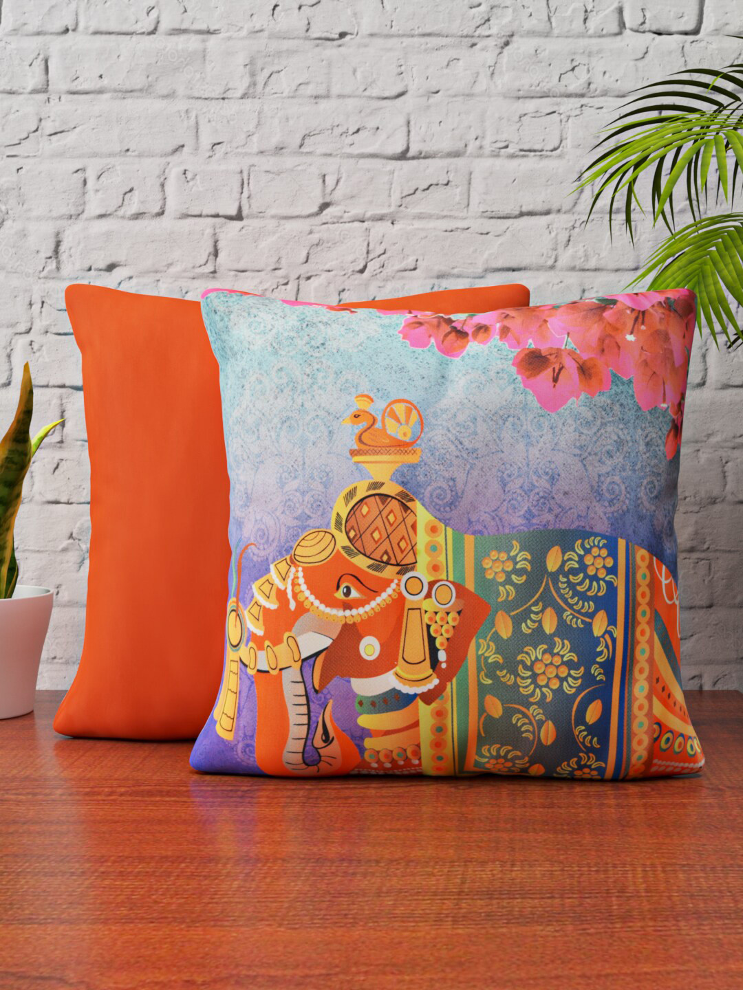 HAPPY HUES Violet & Orange Set of 2 Ethnic Motifs Satin Square Cushion Covers