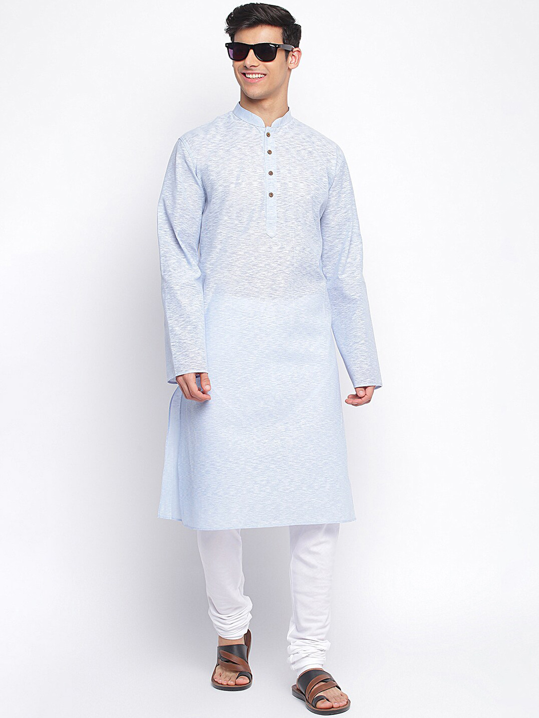Sanwara Men Blue Solid Cotton Mandarin Collar Kurta