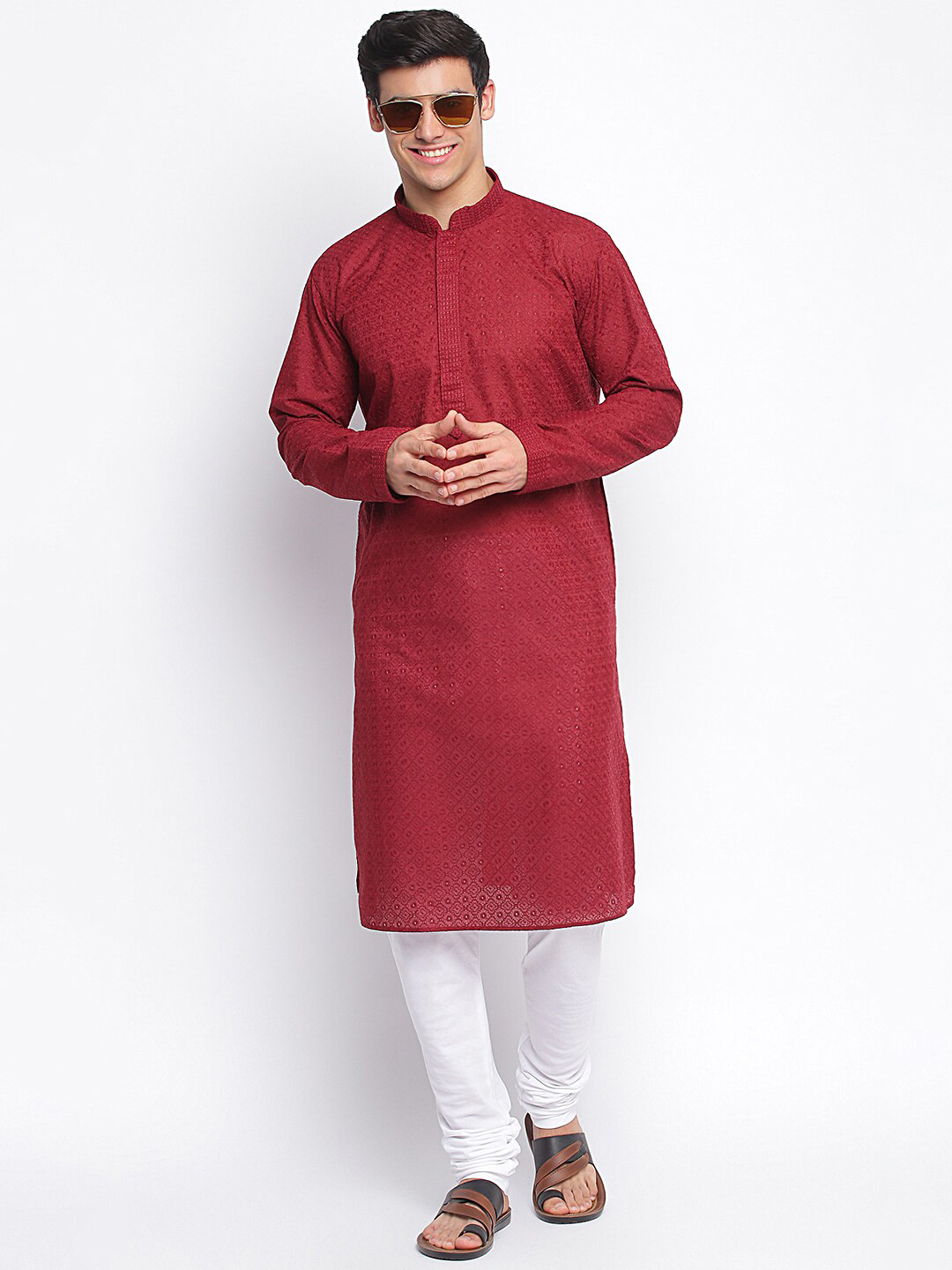 Here&Now X Sanwara  Men Maroon & deep carmine Thread Work Kurta