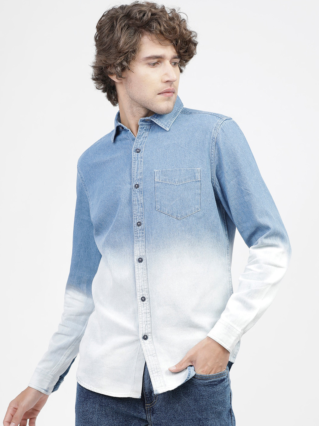 HIGHLANDER Men Blue & White Slim Fit Faded Opaque Faded Casual Shirt