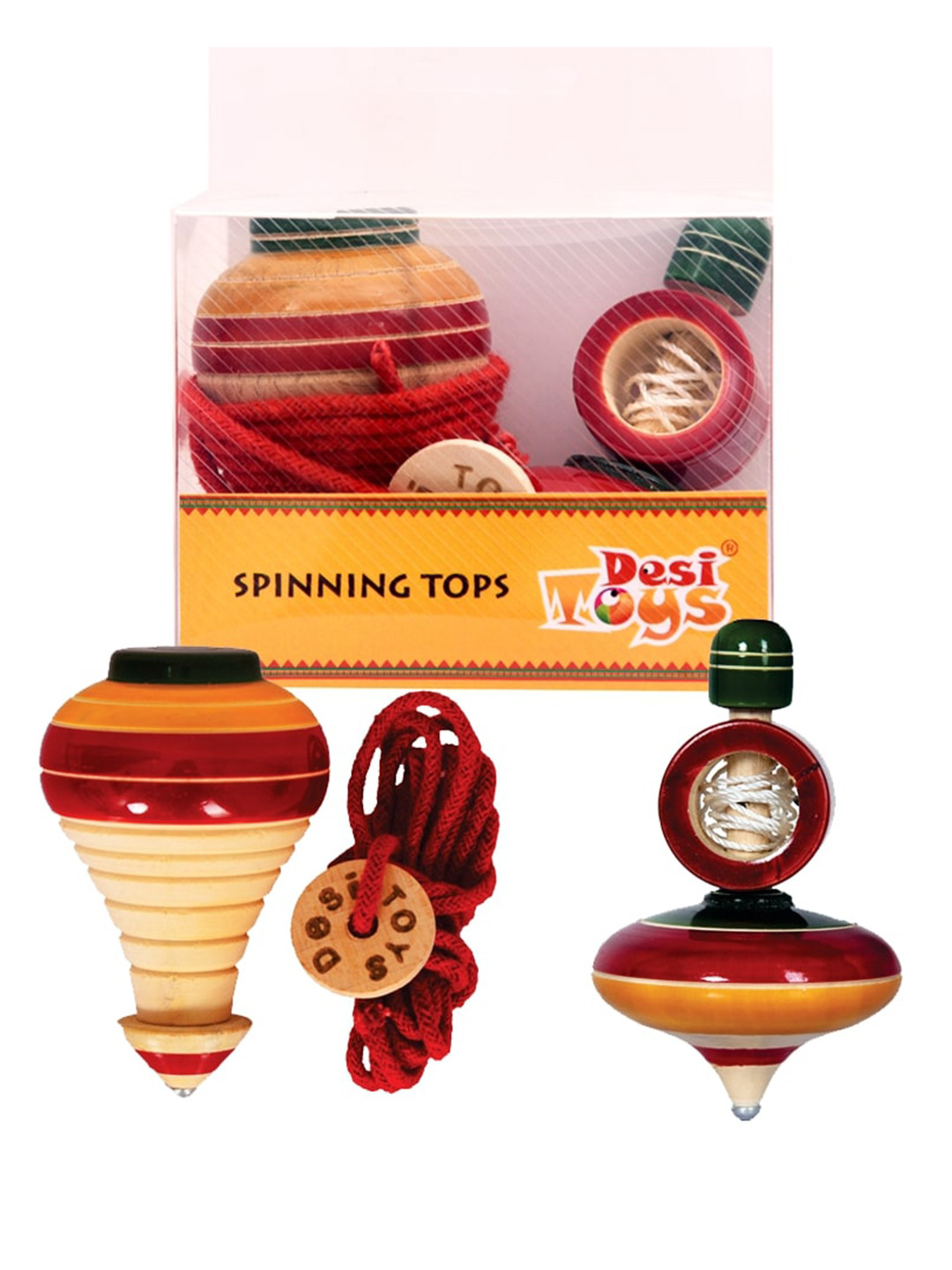Desi Toys Kids Set Of 2 Red & Beige Wooden Spinning Toys