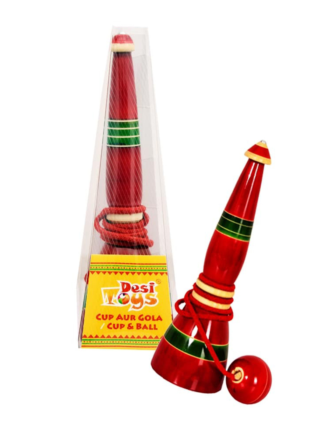 Desi Toys Kids Red & Green Handcrafted Wooden Cup & Ball