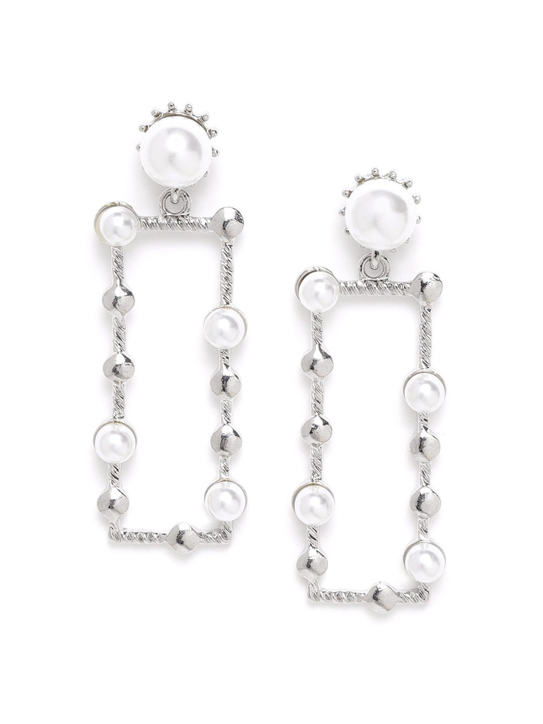 DIVA WALK Silver-Plated Silver-Toned & White Geometric Drop Earrings