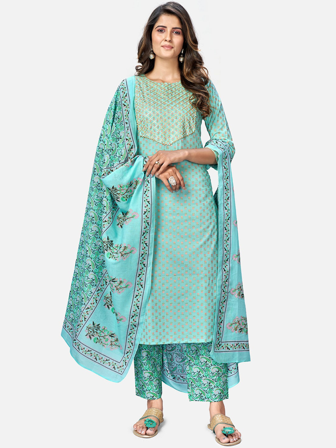 Vbuyz Women Turquoise Blue Floral Printed Kurta with Trousers & Dupatta
