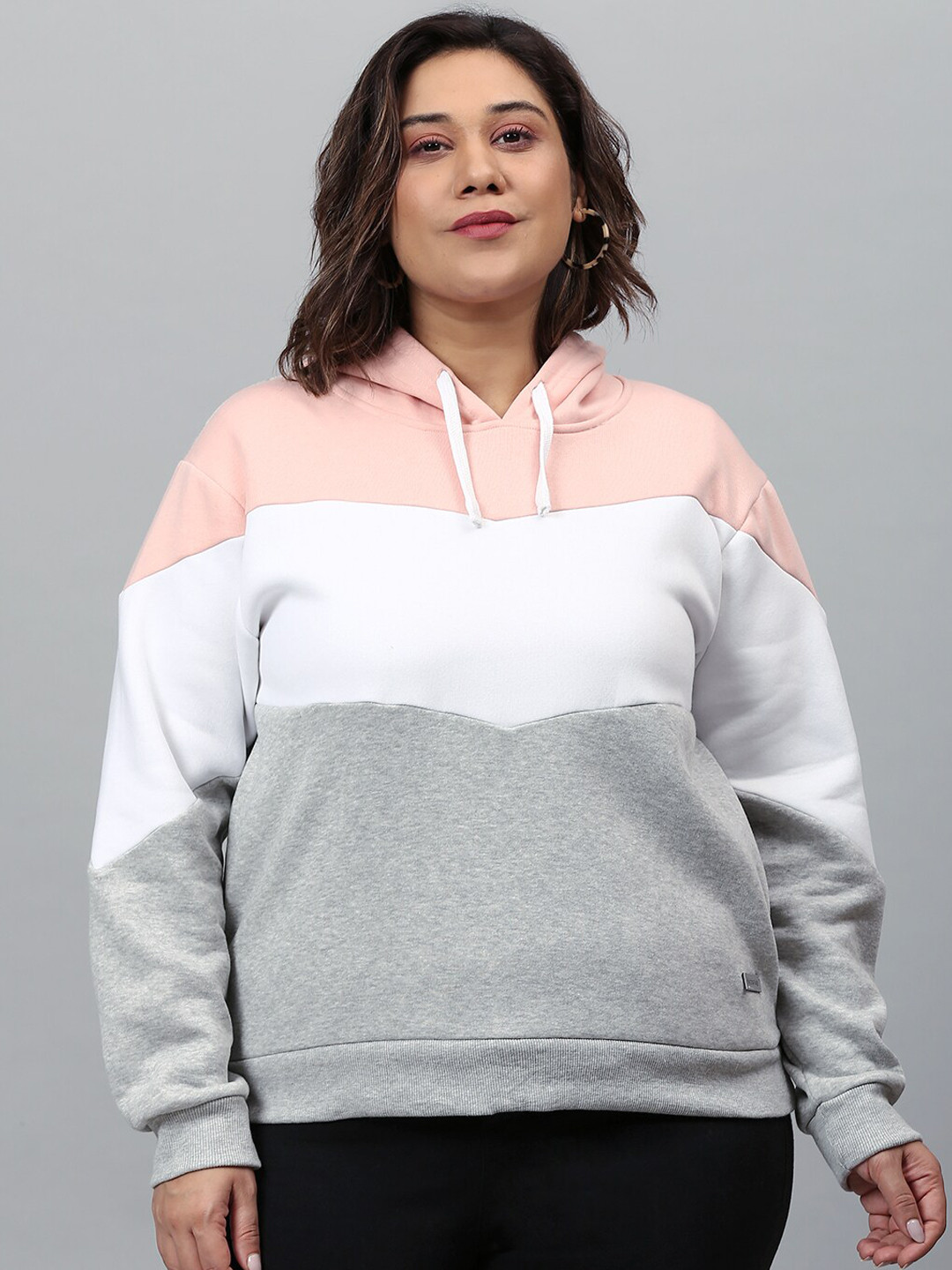Instafab Plus Women Peach-Coloured Colorblocked Hooded Sweatshirt
