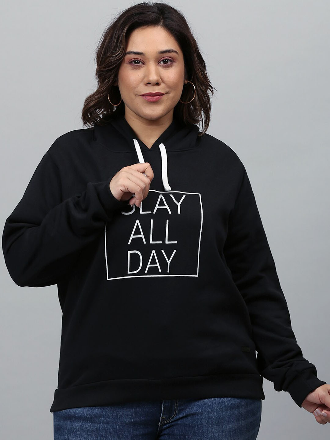 Instafab Plus Women Black Printed Hooded Sweatshirt