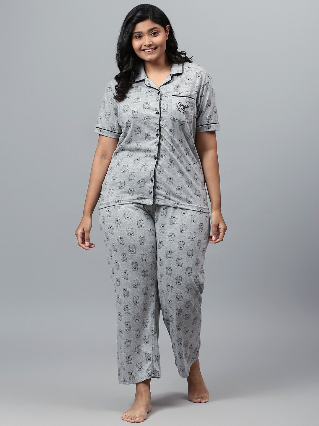 Instafab Plus Women Plus Size Grey & Black Printed Night Suit