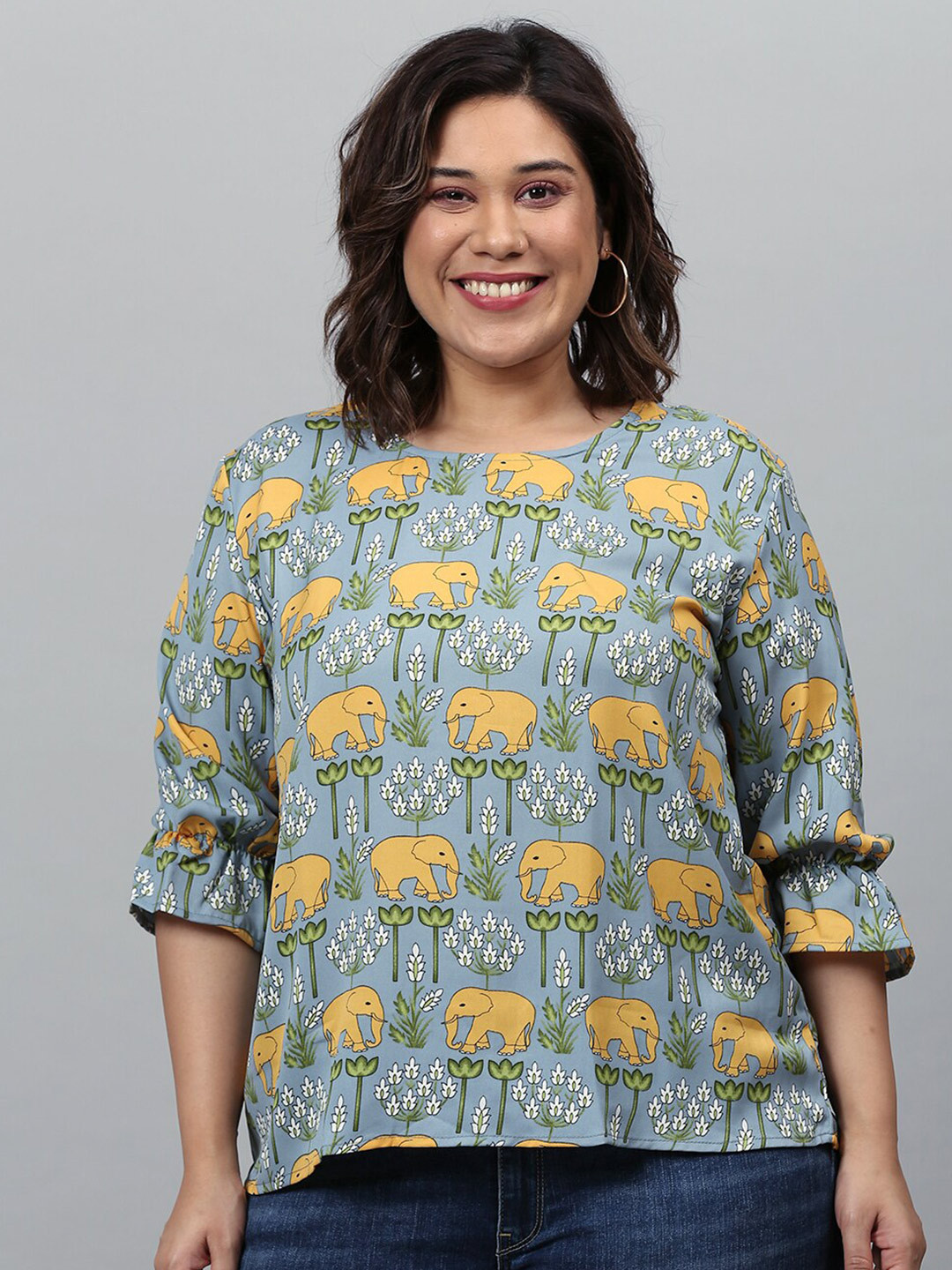 Instafab Plus Multicoloured Floral Roll-Up Sleeves Regular Top