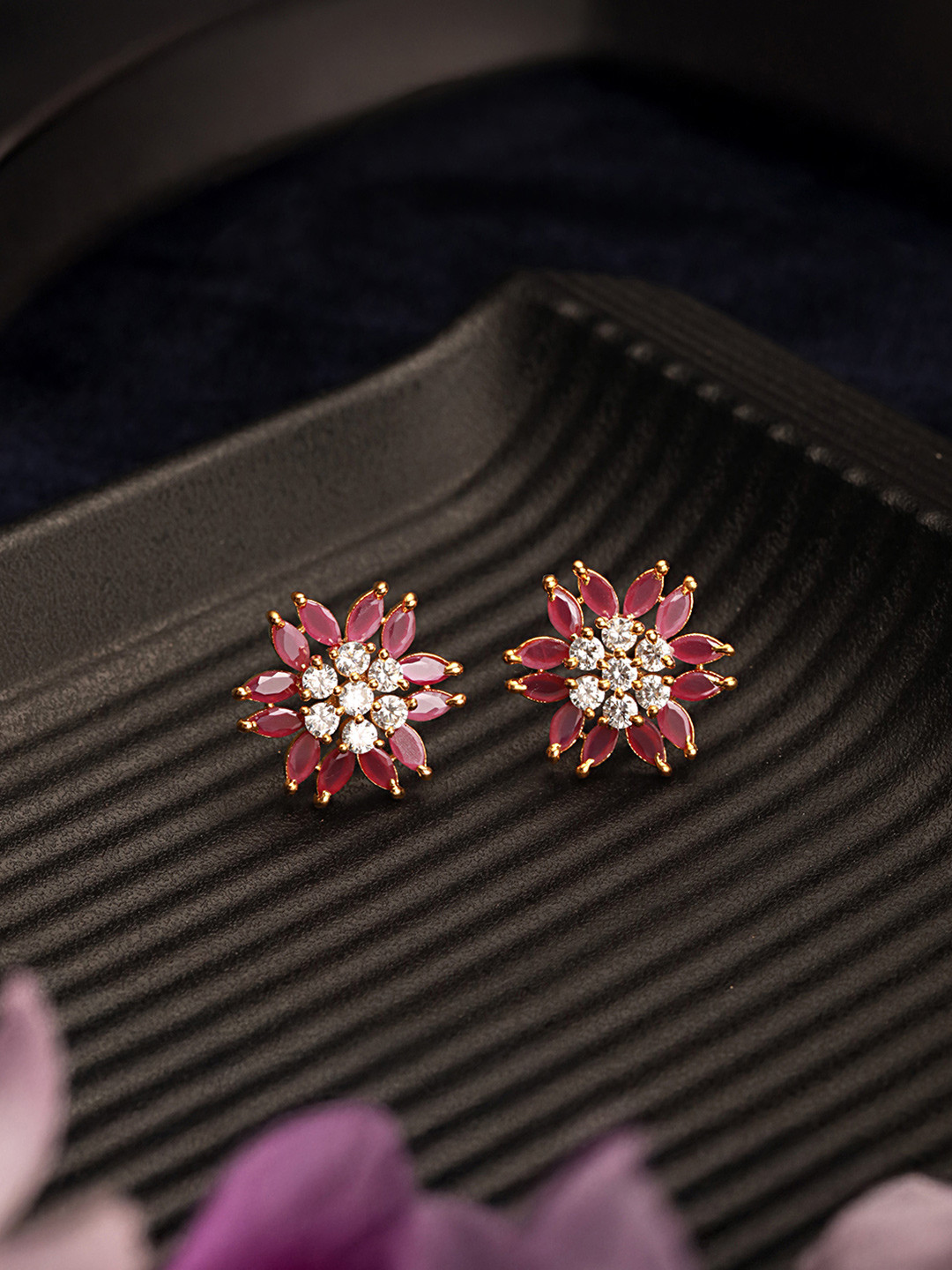 Saraf RS Jewellery Gold Plated Magenta Studs Earrings