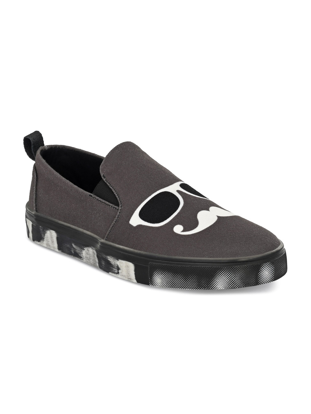 EXTRIMOS Men Grey & White Moustaches Printed Slip-On Sneakers