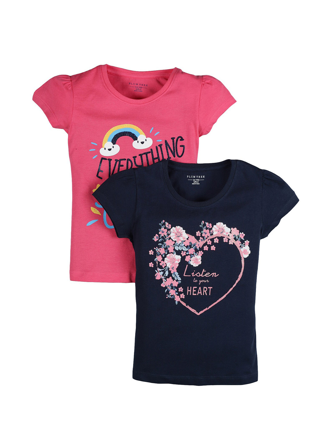 PLUM TREE Girls Pink and Navy Blue Pack of 2 Printed T-shirts