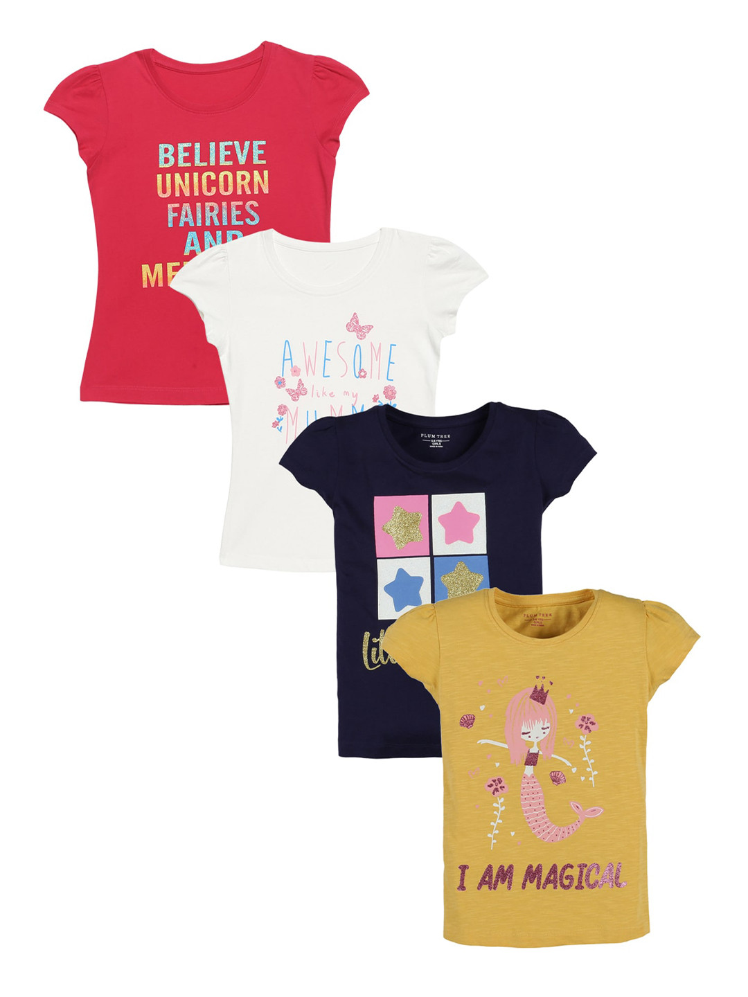 PLUM TREE Girls Pack of 4 Printed Puff Sleeves T-shirt