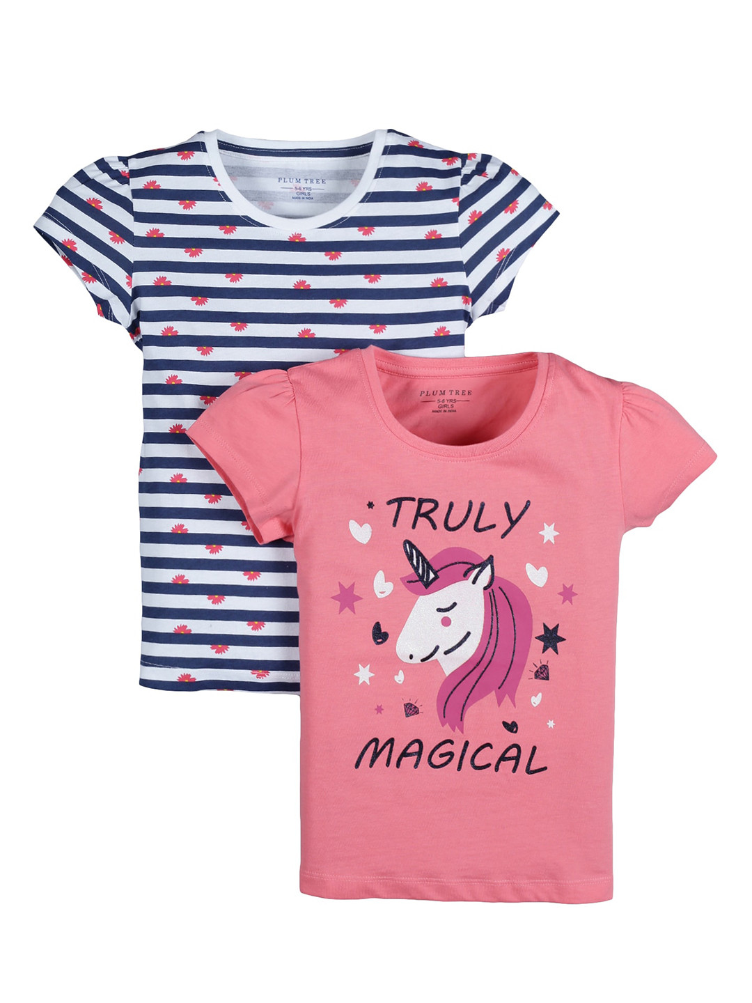 PLUM TREE Girls Set-2 Pink Printed Pure Cotton T-shirt