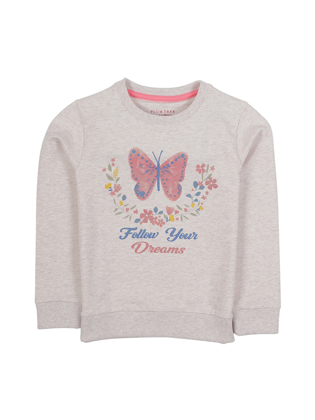 PLUM TREE Girls Grey Melange Printed Non Hooded Sweatshirt