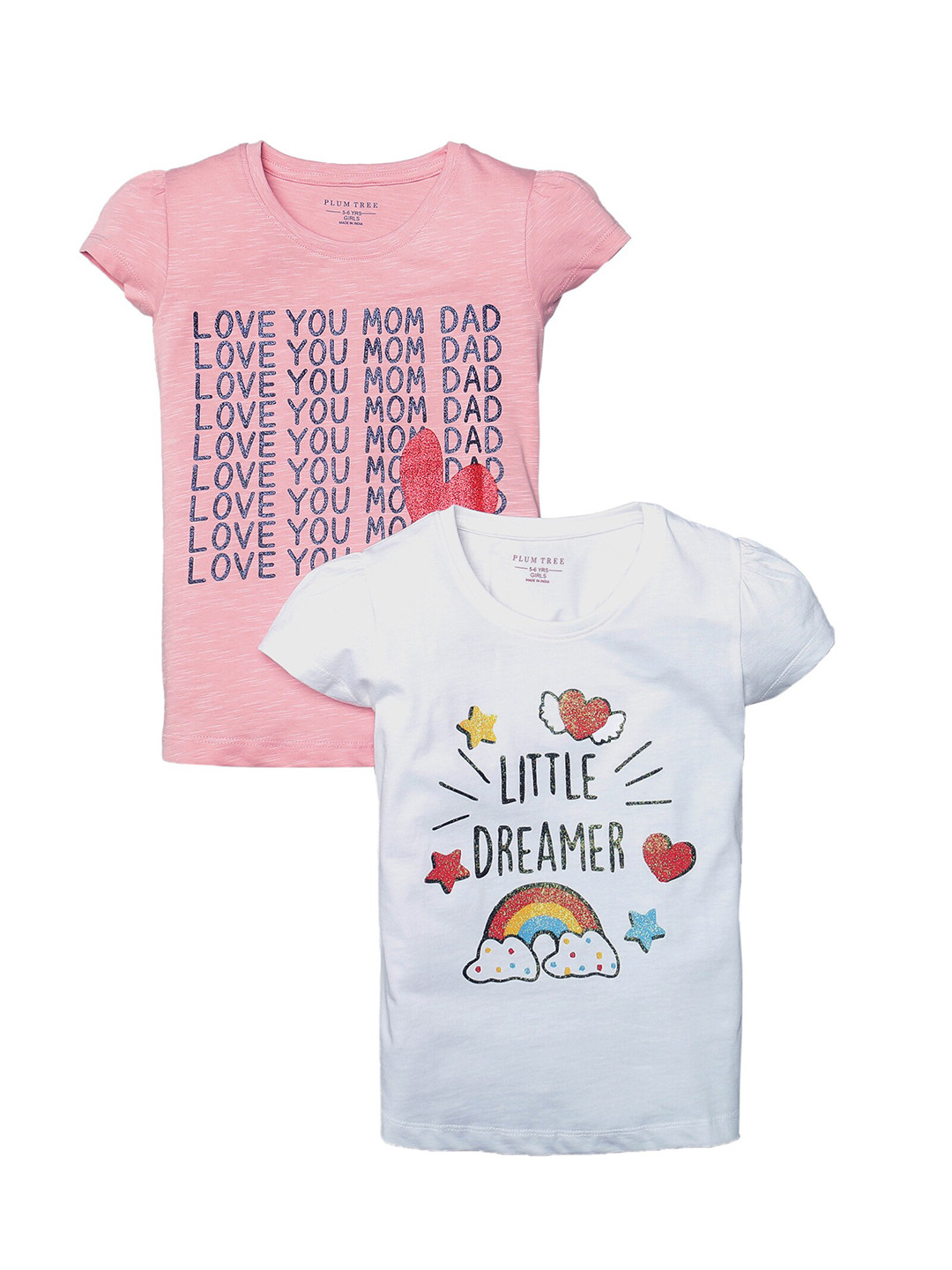 PLUM TREE Girls Set-2 Pink Typography Printed Pure Cotton T-shirt