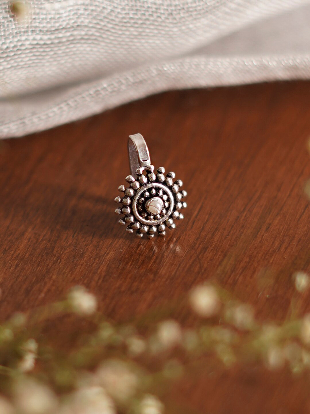 TEEJH Oxidised Silver-Plated Stone-Studded Floral Design Nosepin