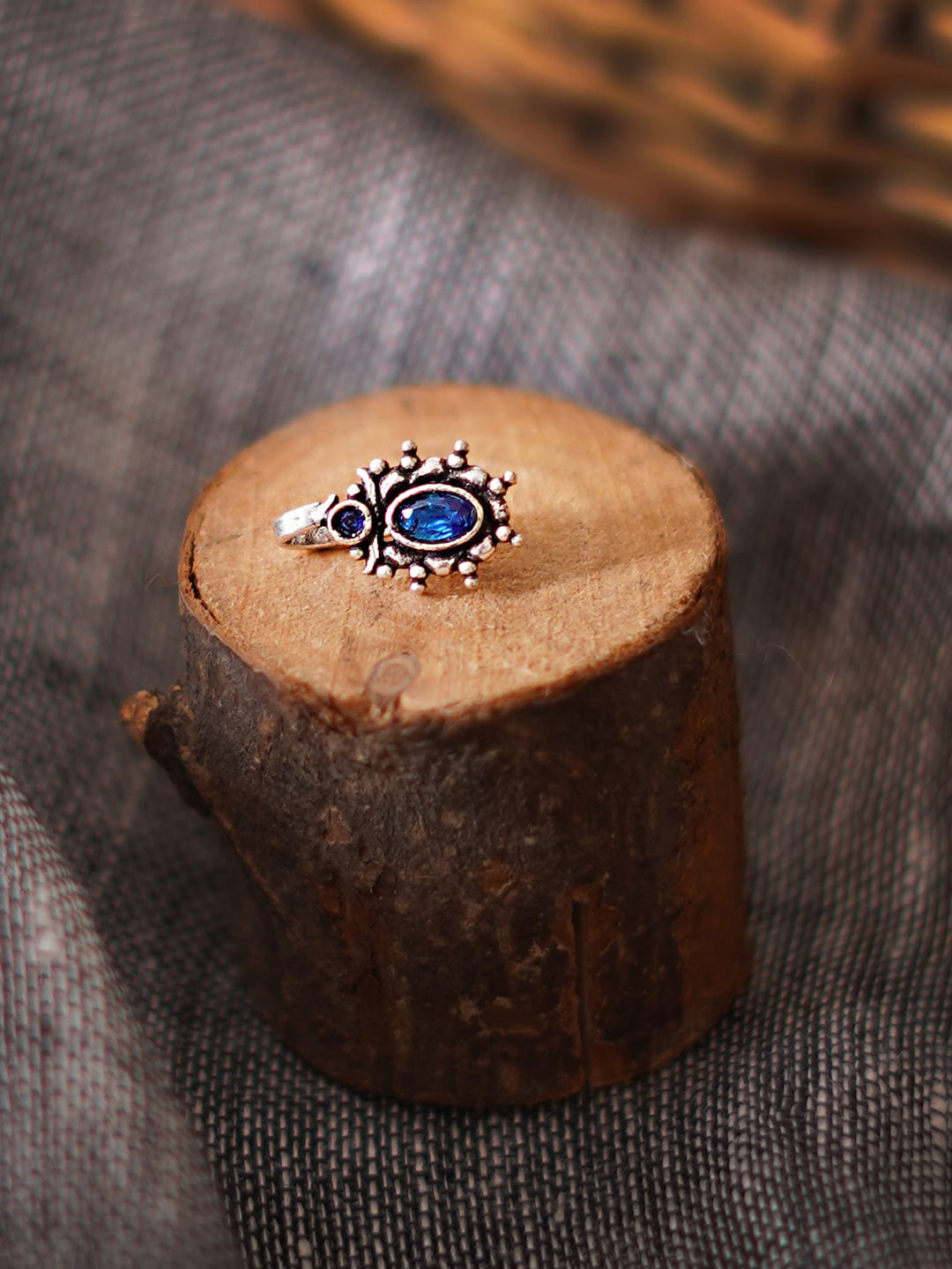 TEEJH Oxidised Silver-Plated & Blue Stone-Stone & Beaded Stud Nosepin