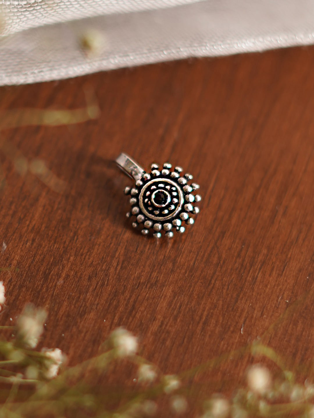 TEEJH Oxidised Silver-Plated Black Stone Studded Clip-On Nosepin