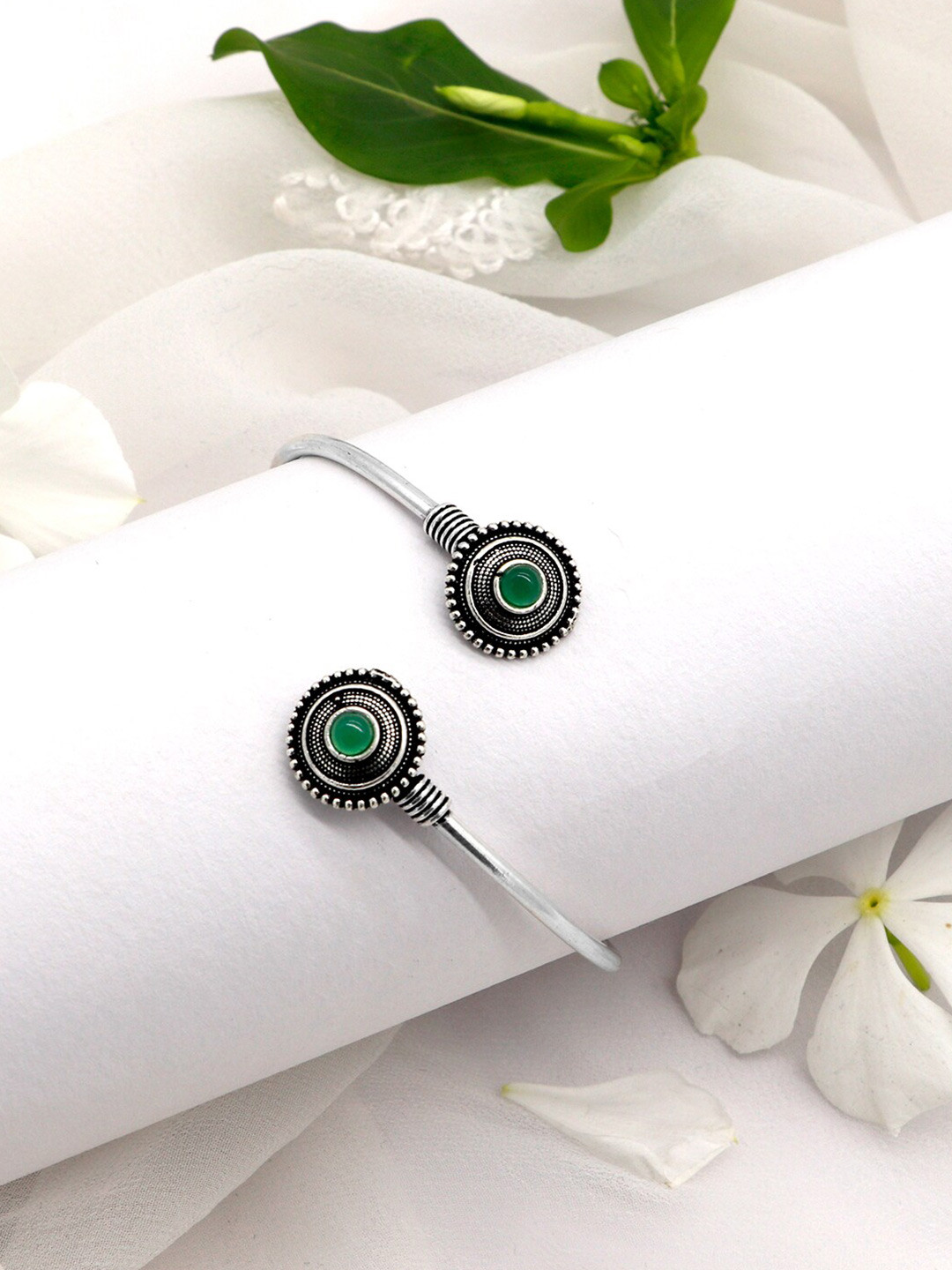 TEEJH Women Silver & Green Oxidized Slip On Cuff Bracelet
