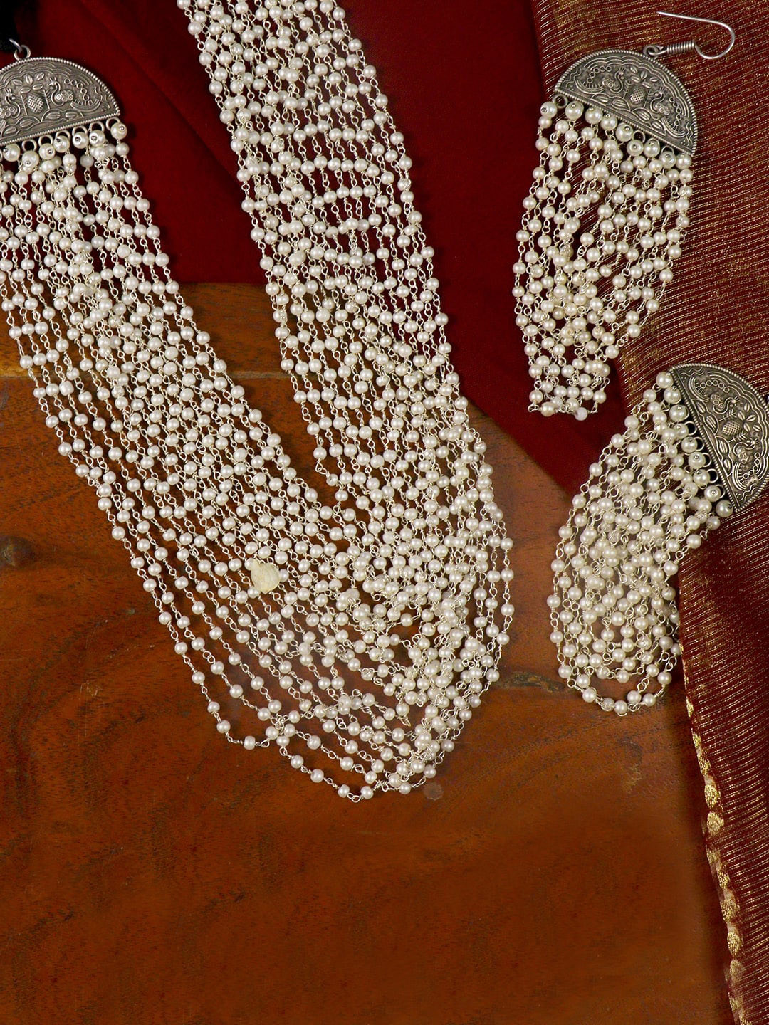 TEEJH Oxidised Silver-Plated White Pearl beaded Charu Jewellery Set