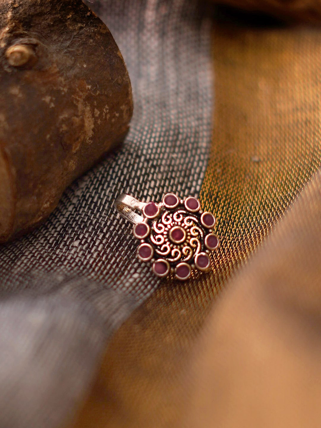TEEJH Oxidised Silver-Plated Red Stone-Studded Nose Pin