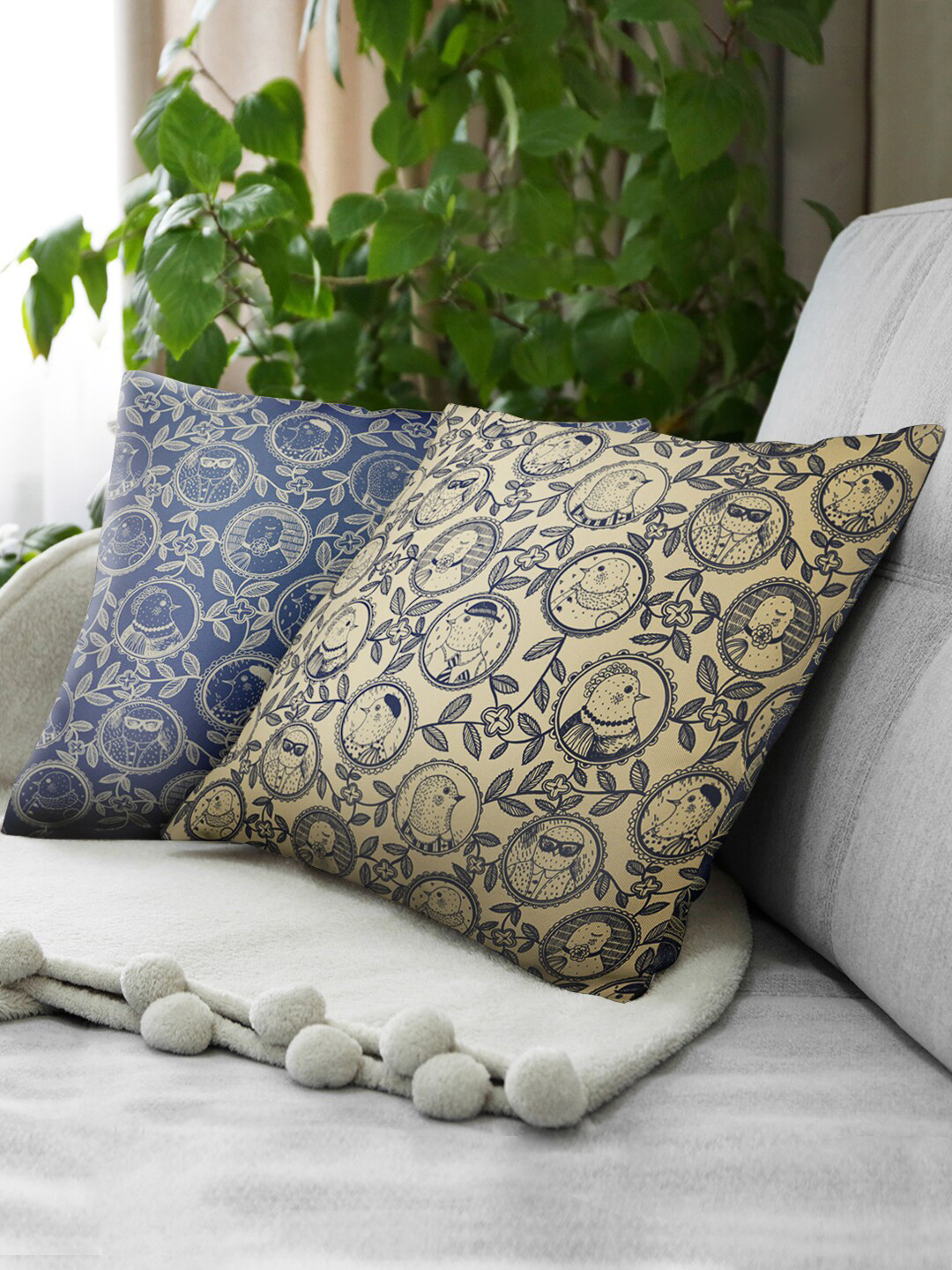 green girgit Beige & Grey Set of 2 Floral Square Cushion Covers