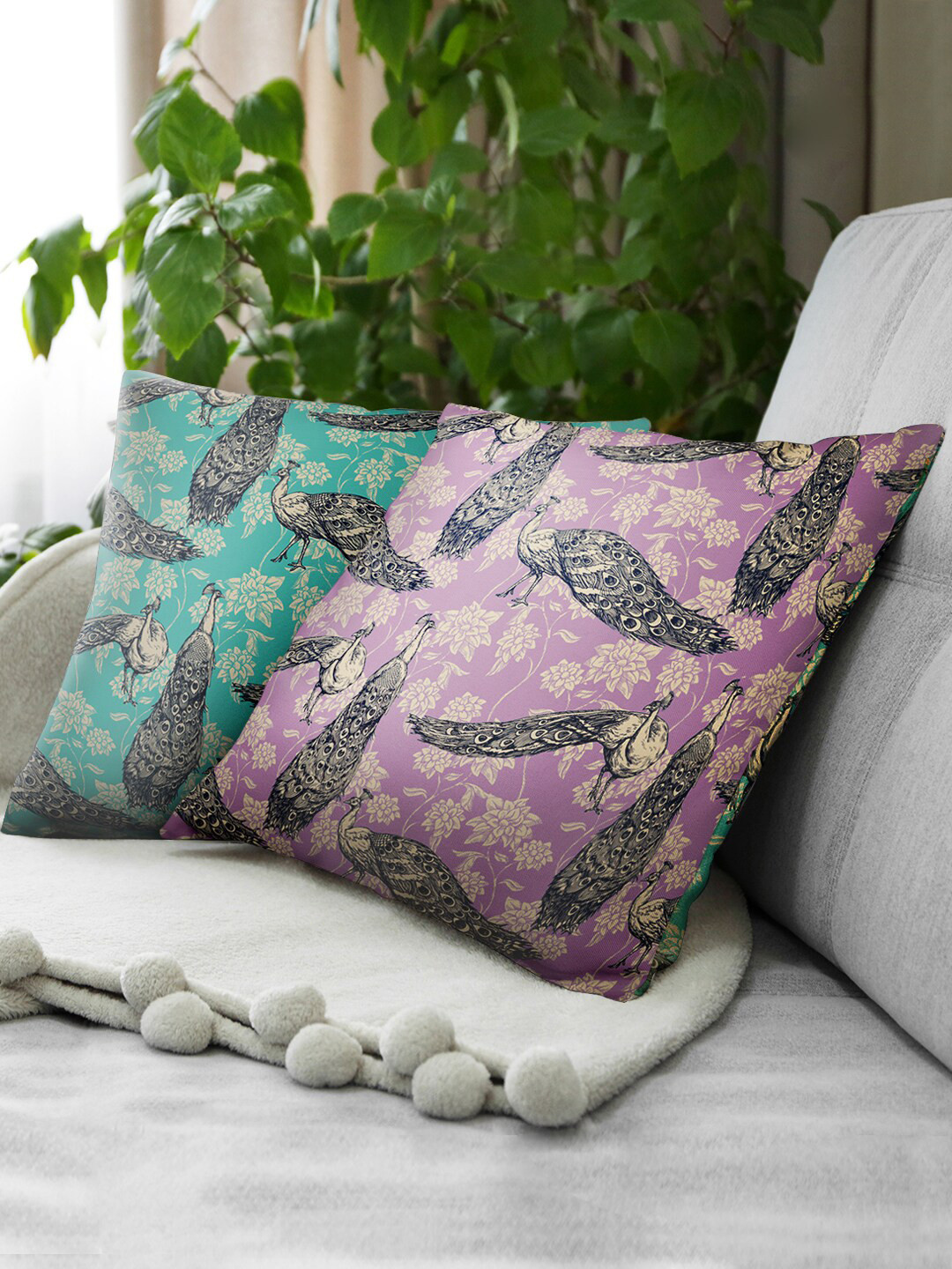 green girgit Purple & Green Set of 2 Ethnic Motifs Square Cushion Covers