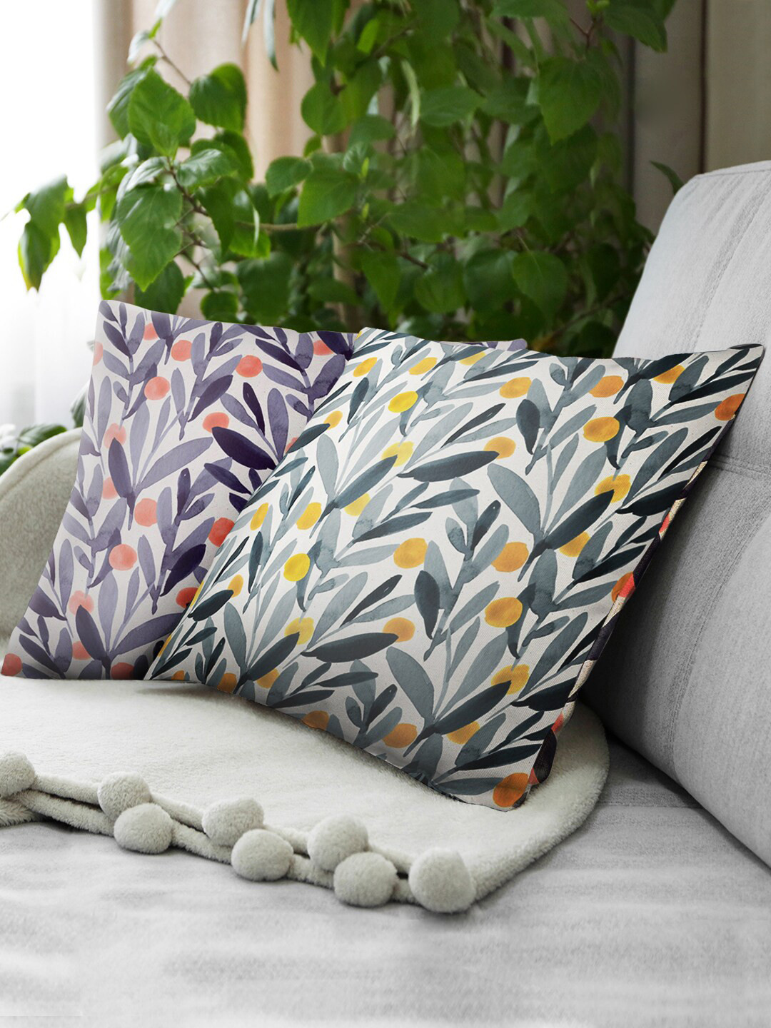green girgit Floral Grey Leaf Canvas Breathable 2 Piece Square Cushion Covers -16x16In