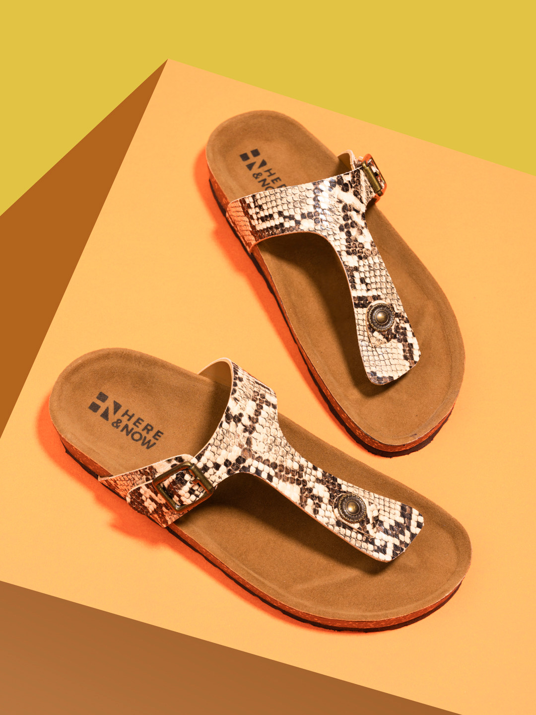HERE&NOW Women Tan Printed T-Strap Flats