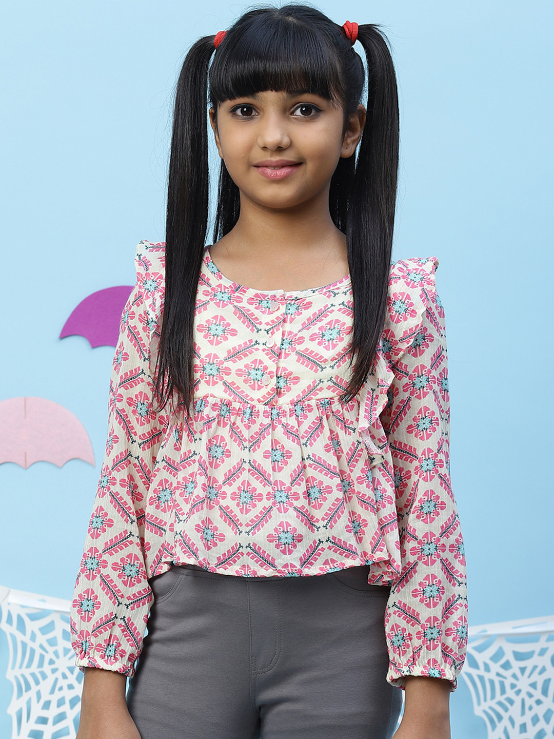 Biba Cream-Coloured & Pink Geometric Peplum Top