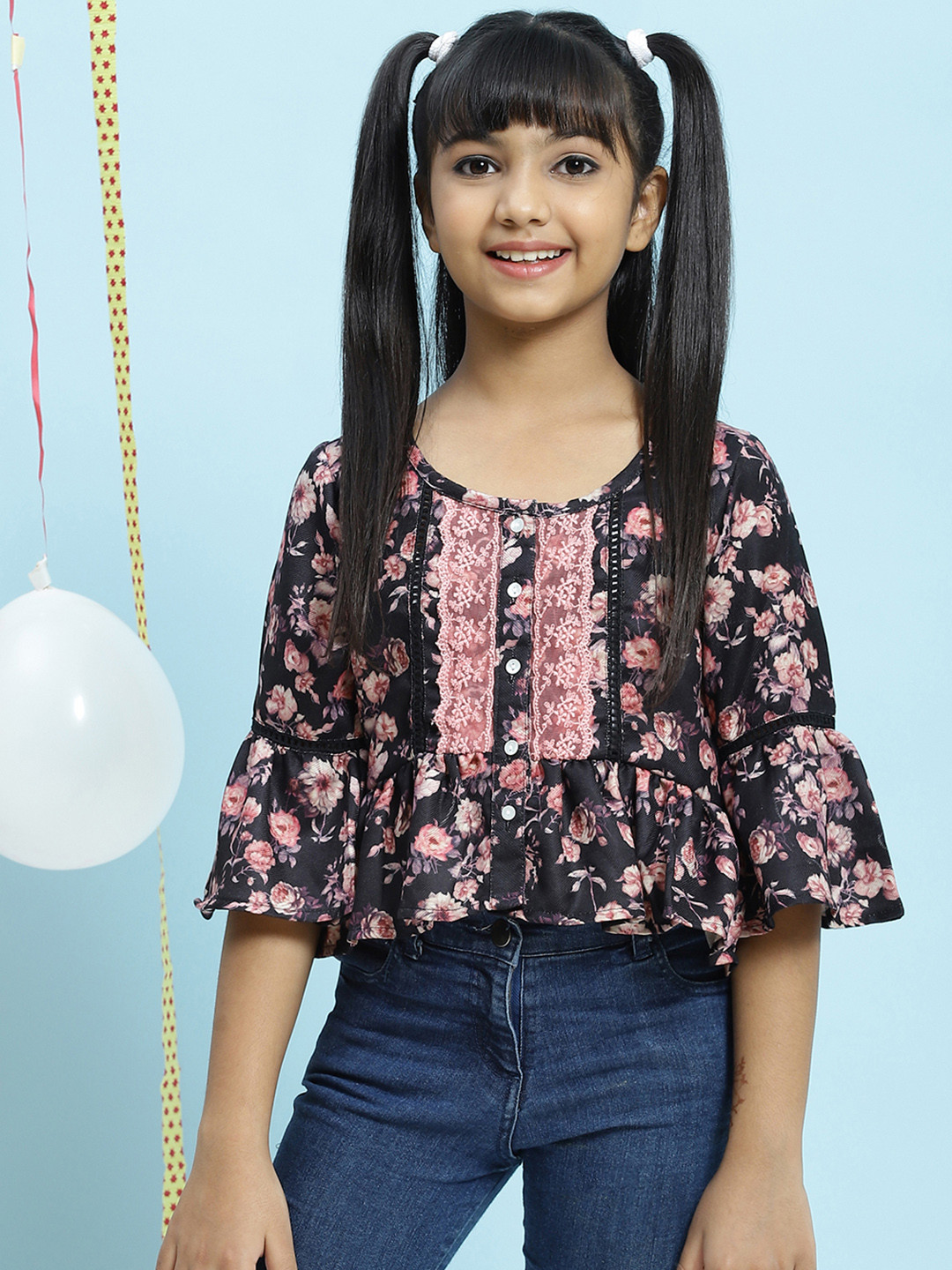 Biba Black & Pink Floral Regular Top