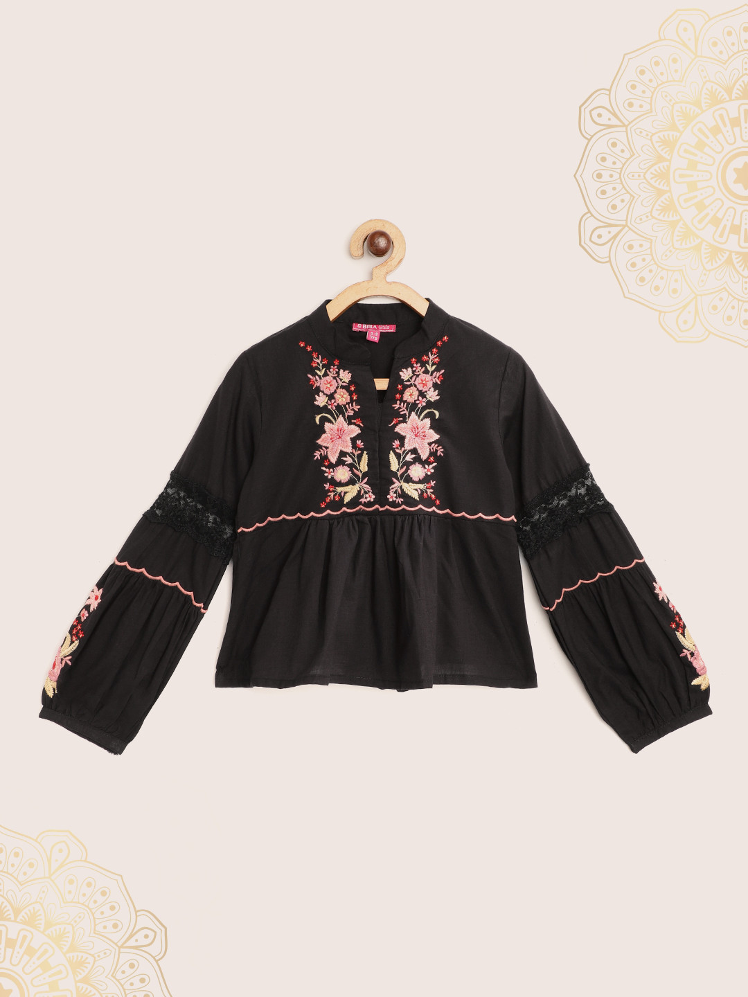 Biba Girls Black & Pink Floral Pure Cotton Embroidered Mandarin Collar A-Line Top