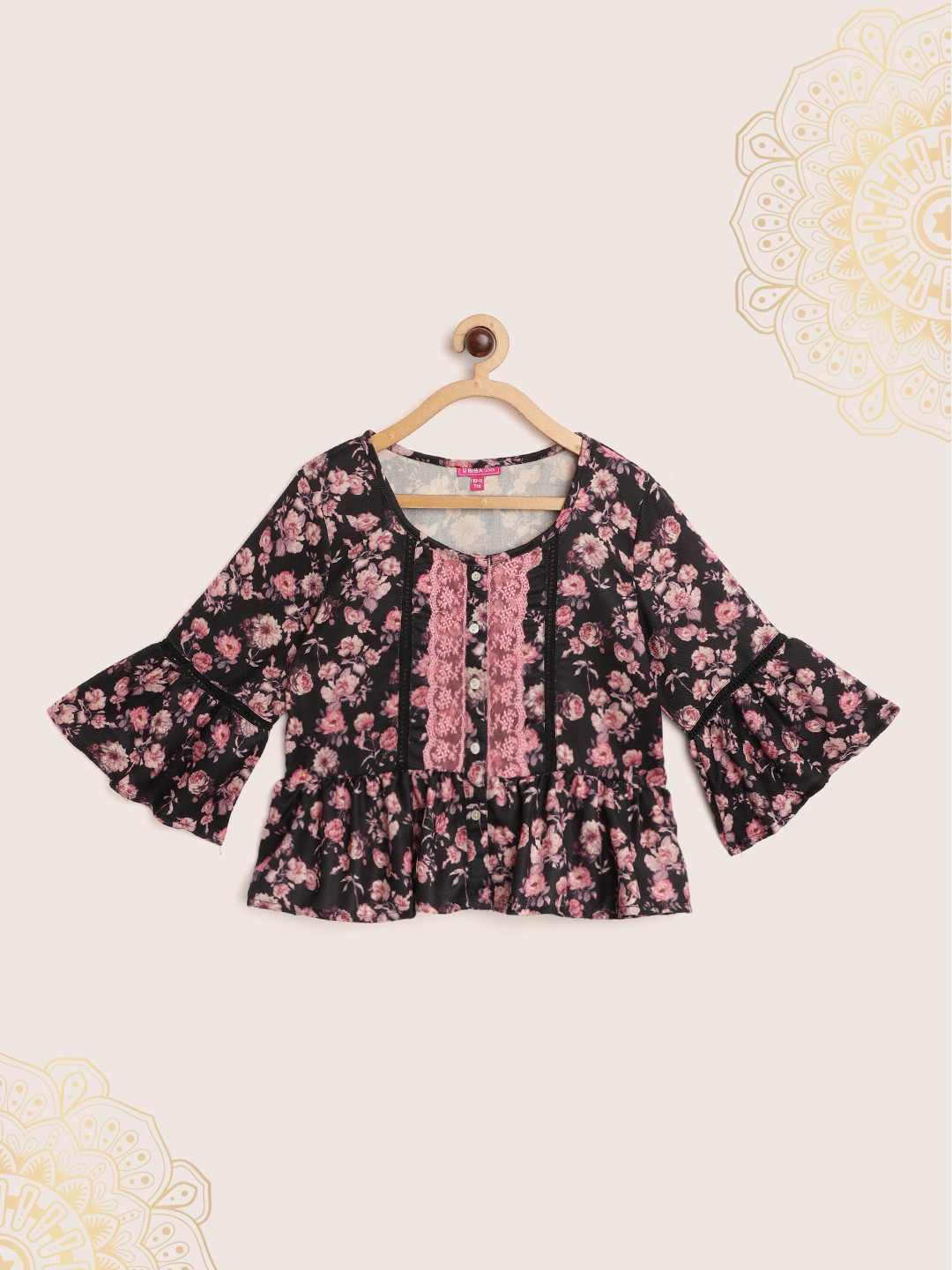 Biba Girls Black & Pink Floral Print A-Line Top with Lace Inserts
