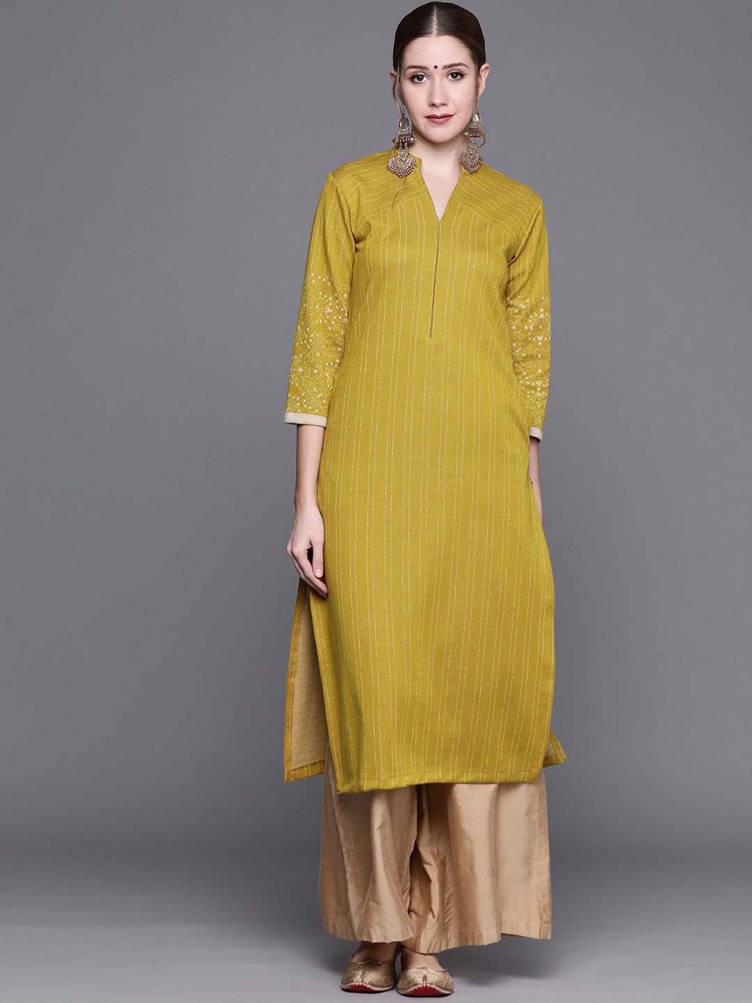 Biba Women Mustard Yellow Striped Winter Kurta