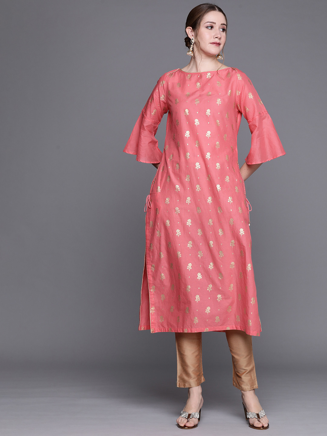 Biba Women Pink & Golden Pure Cotton Ethnic Motifs Printed Bell Sleeves Kurta