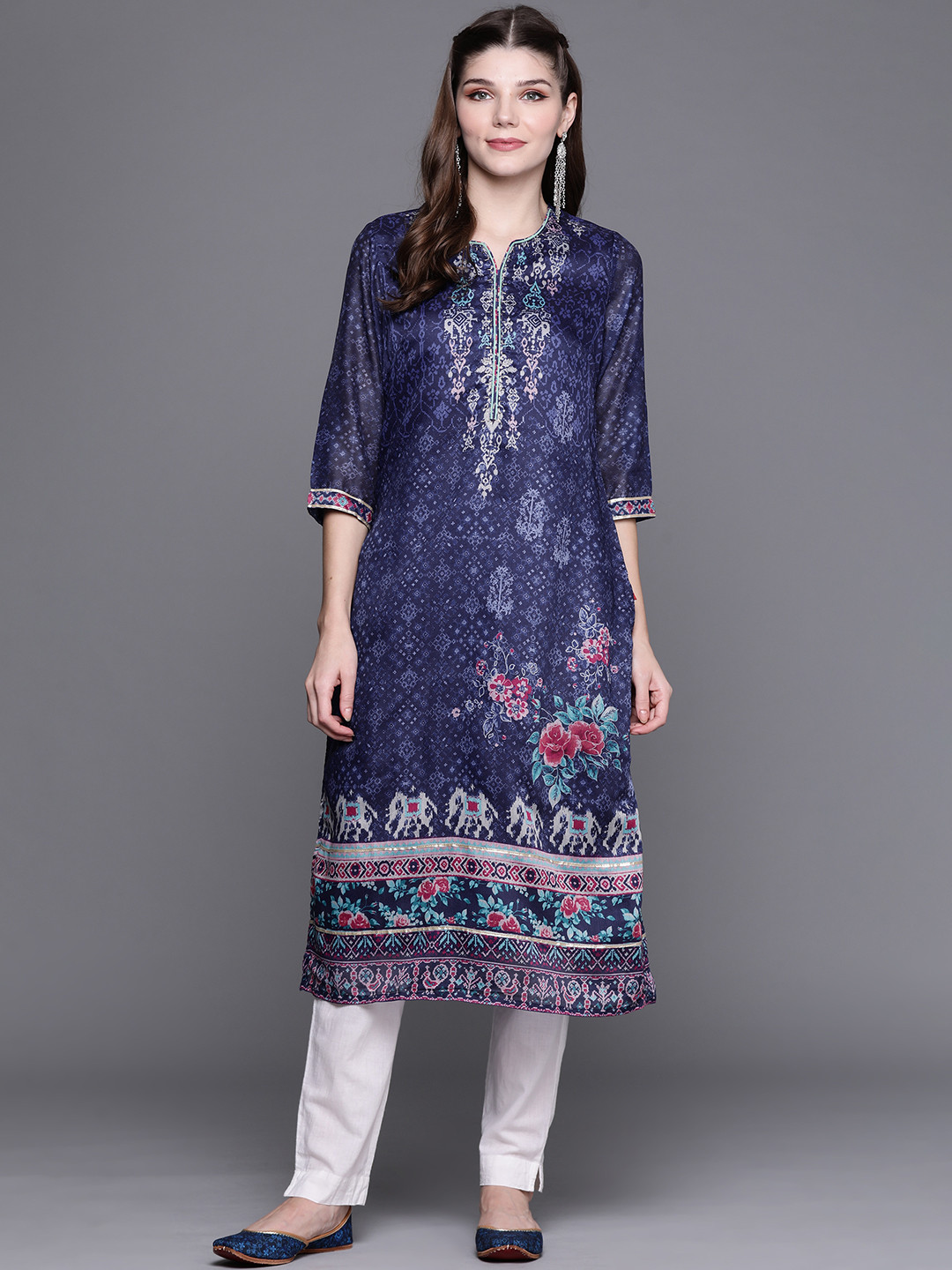 Biba Women Navy Blue & Beige Ethnic Motifs Printed Kurta
