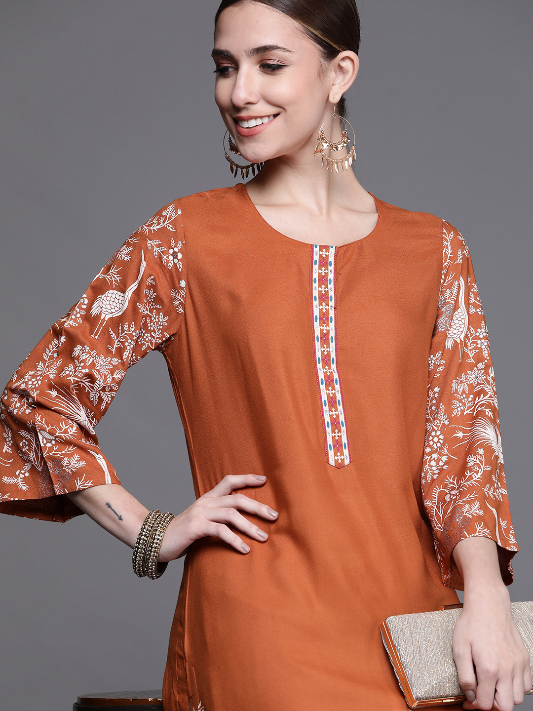Biba Women Rust Orange Floral Printed Kurta