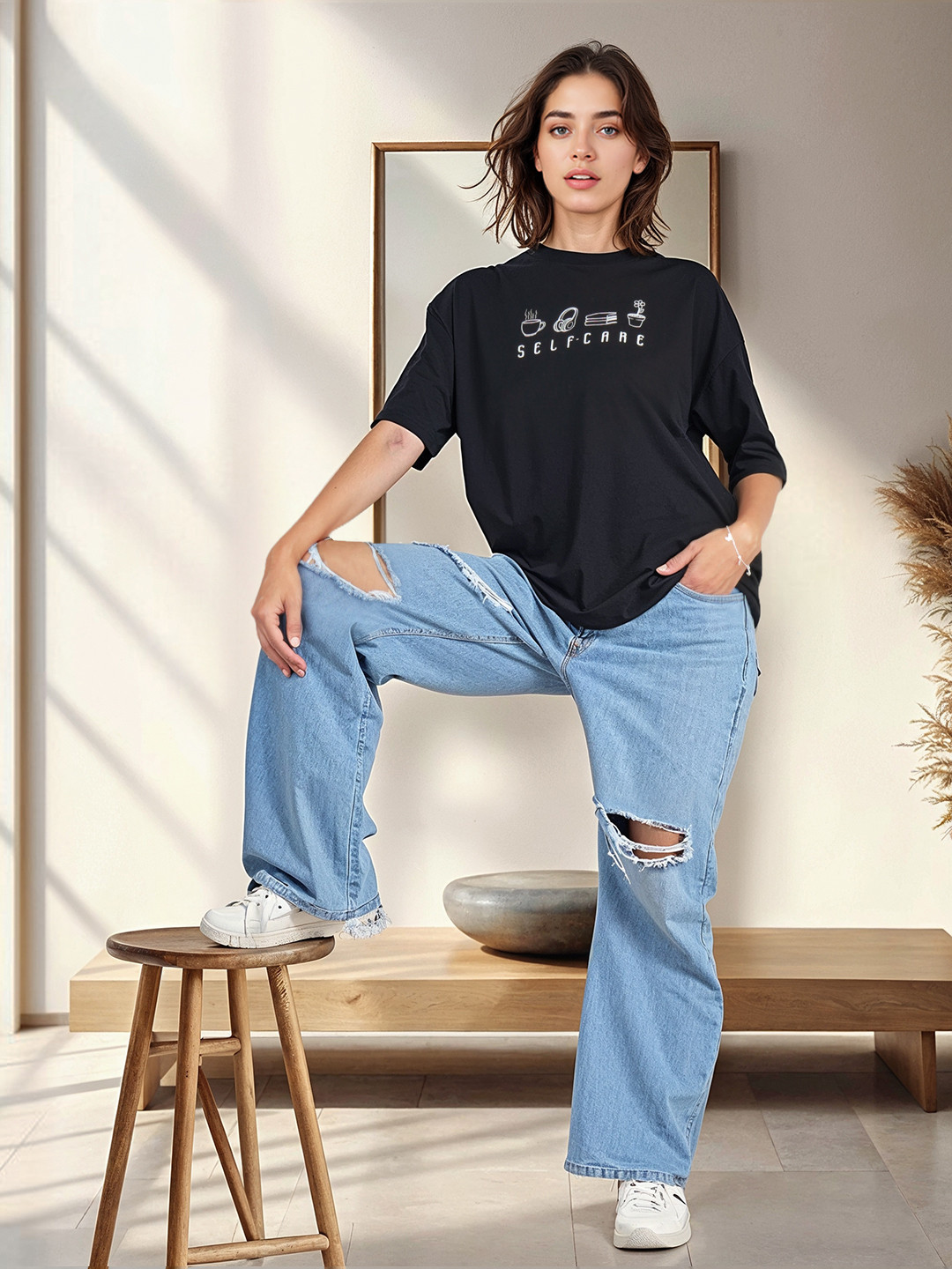 HERENOW Women Black Typography Printed  Cotton T-shirt
