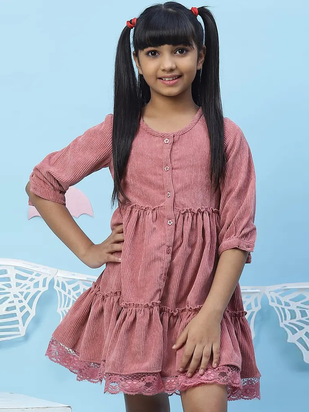 Biba Pink Solid Tiered Corduroy Dress with Lace Detailing