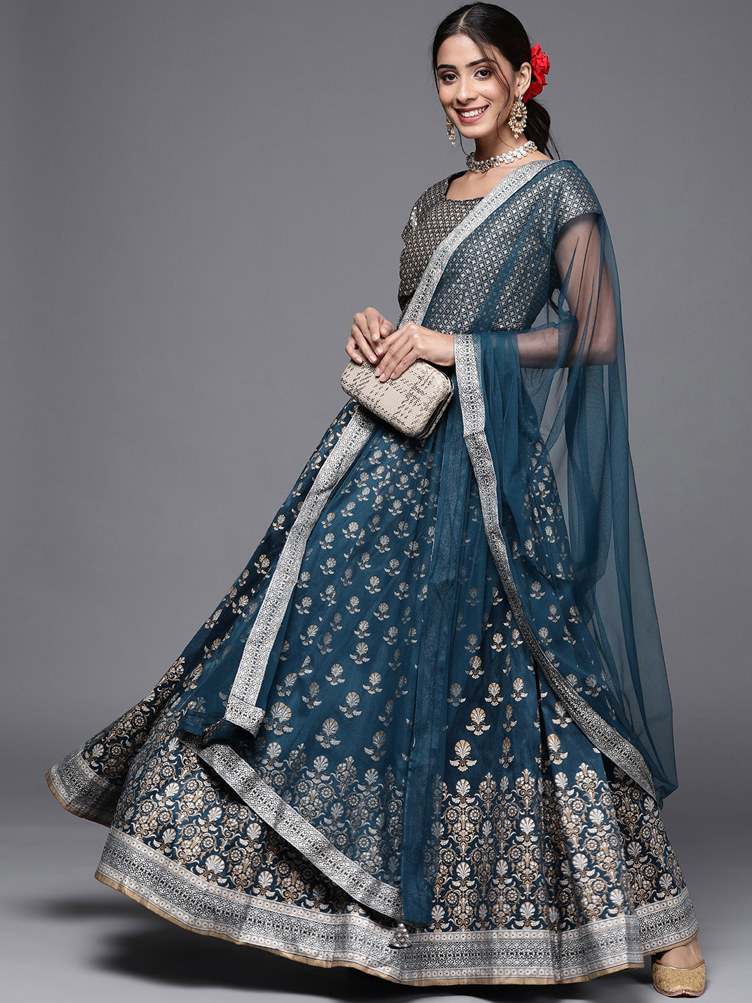 Biba Teal Blue Ethnic Motifs Printed Ready to Wear Lehenga & Blouse With Dupatta