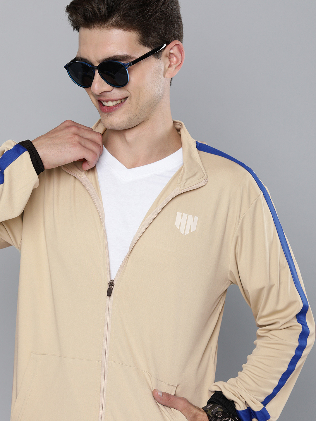 HERE&NOW Men Beige Side Striped Tailored Jacket