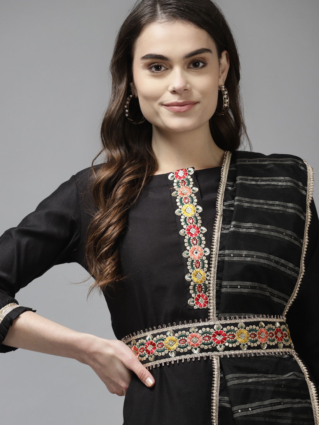 Indo Era Women Black Liva Sequin Detail Kurta with Trousers &  Dupatta