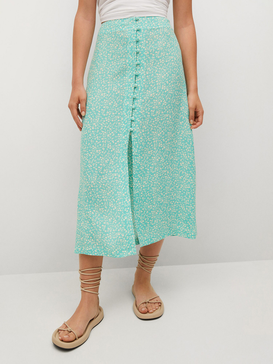 MANGO Women Sea Green & White Floral Print Front Slit Straight Midi Skirt