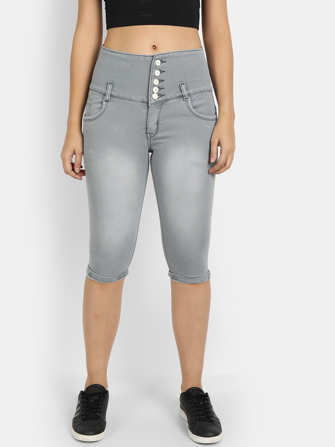 BROADSTAR Women Grey Skinny Fit Faded High-Rise Denim Capri