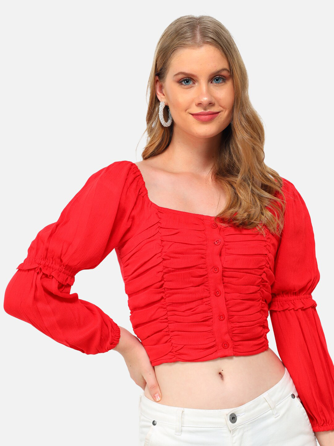 Trend Arrest Red Ruched Puff Sleeved Regular Crop Top