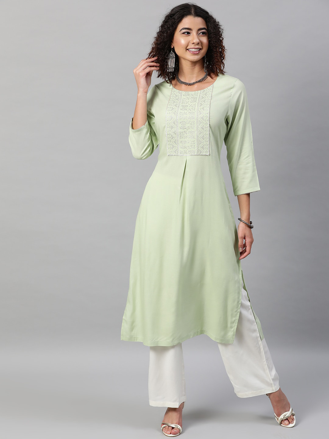 STREET 9 Women Sea Green Embroidered Pleated Kurta with Palazzos