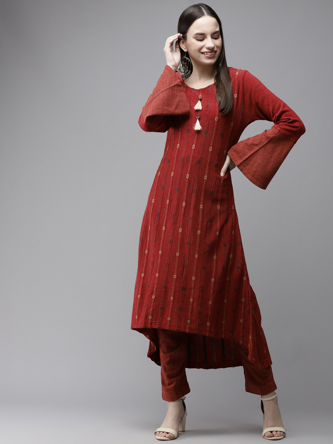 Cayman Women Maroon Woven Design Pure Wool Winter Kurta with Trouser