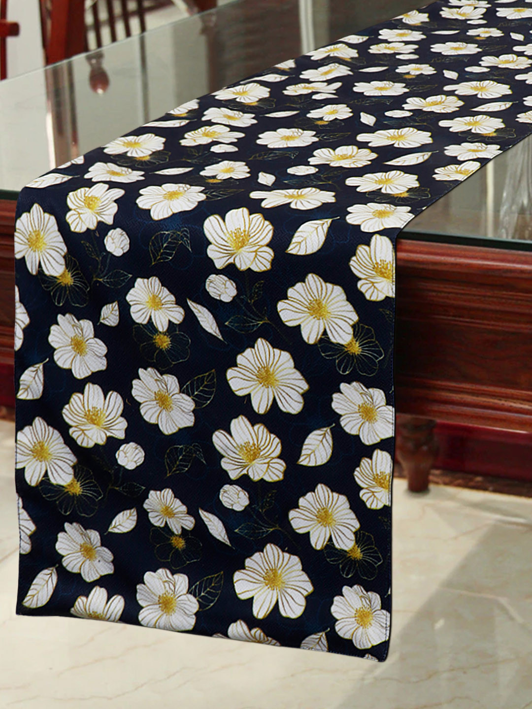 HomeStorie Black & White Floral Poly Cotton HD Printed Table Runner