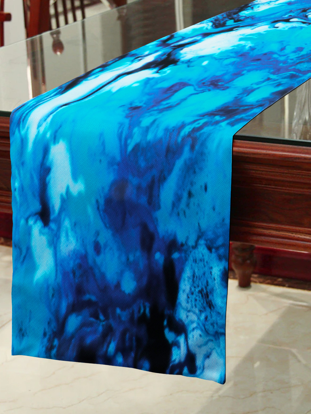 HomeStorie Blue & Black HD Abstract Print 6-Seater Table Runner